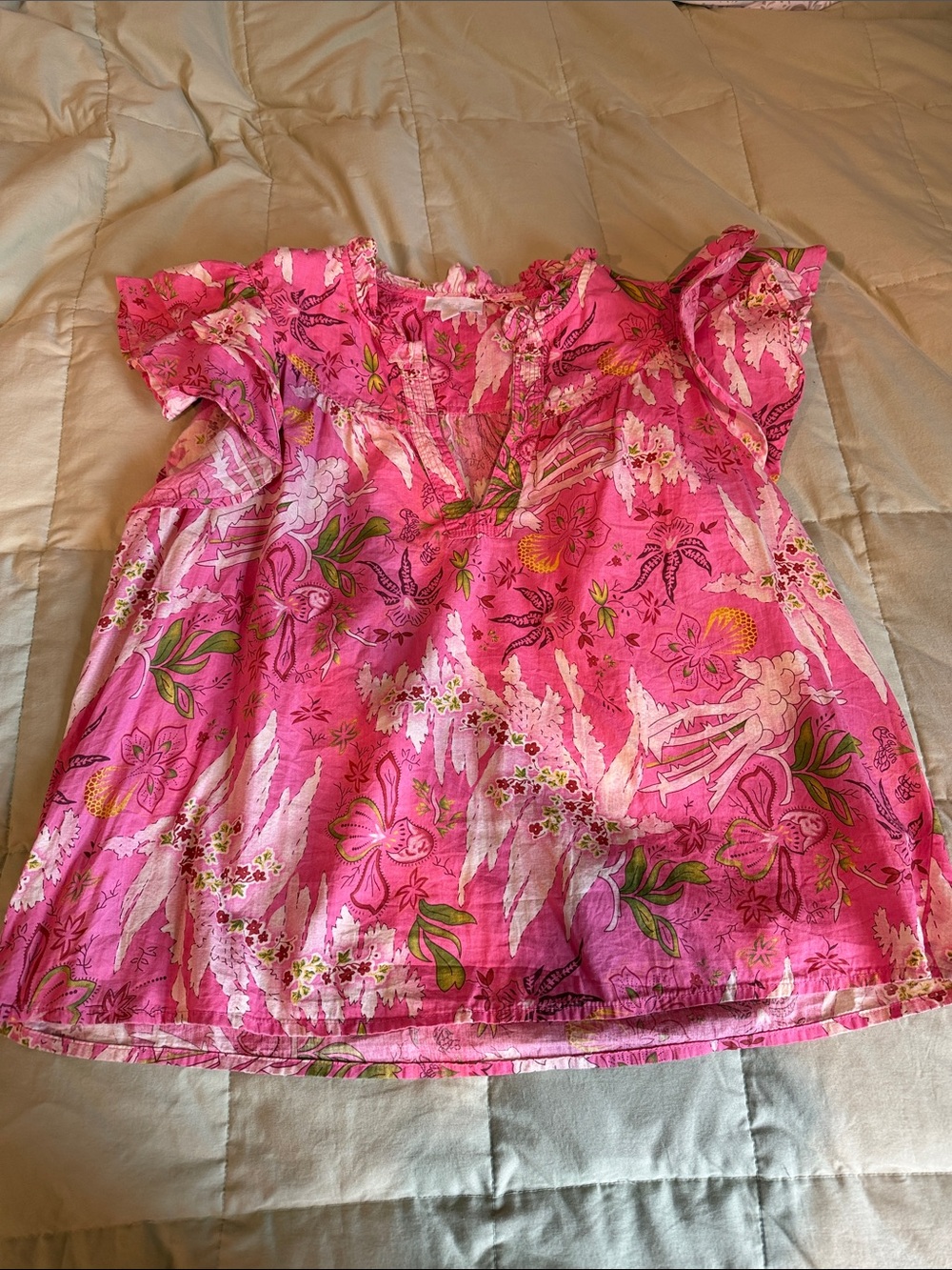 Pink Floral Ruffle-Sleeve Blouse with Feminine Neckline